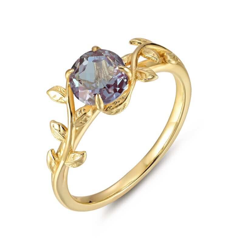 Alexandrite Ring for Women Sterling Silver with Yellow Gold Plated - Nature Inspired Leaf Healing Gemstone Ring