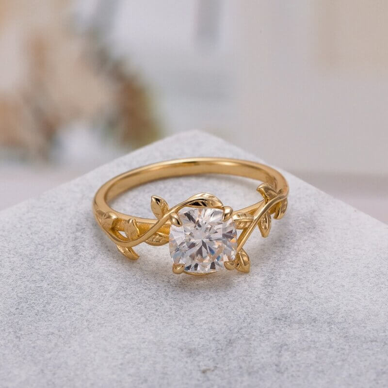 Cushion Shaped Brilliant Moissanite Ring Leaf Branch Moissanite Engagement Ring Sterling Silver with Yellow Gold Plated