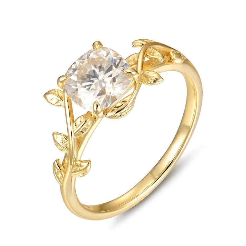 Cushion Shaped Brilliant Moissanite Ring Leaf Branch Moissanite Engagement Ring Sterling Silver with Yellow Gold Plated