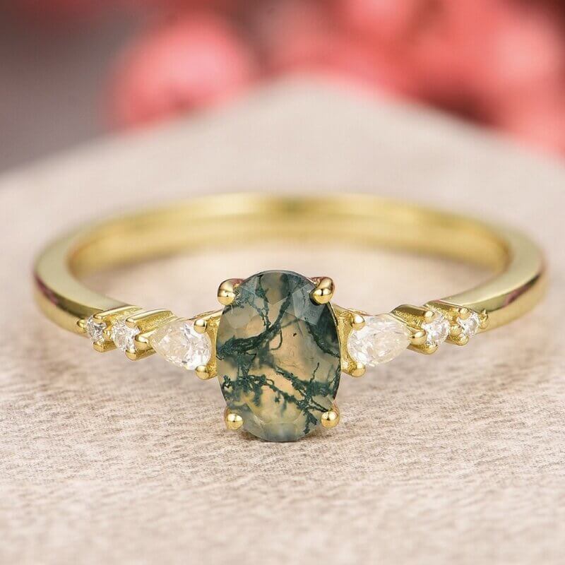 Green Moss Agate Ring Oval Shaped Sterling Silver with Yellow Gold Plated