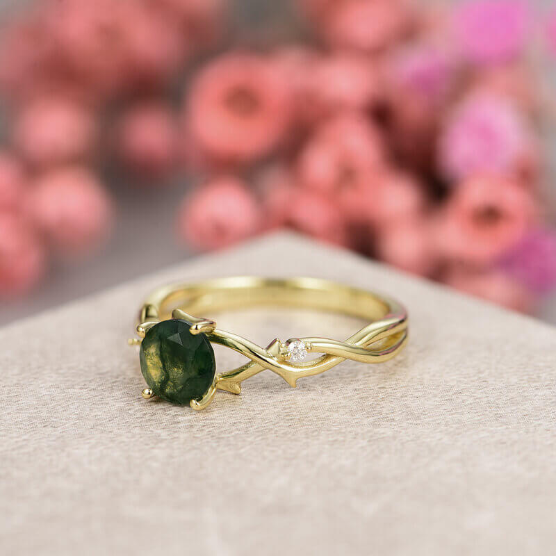 Green Moss Agate Ring Round Shaped Sterling Silver with Yellow Gold Plated