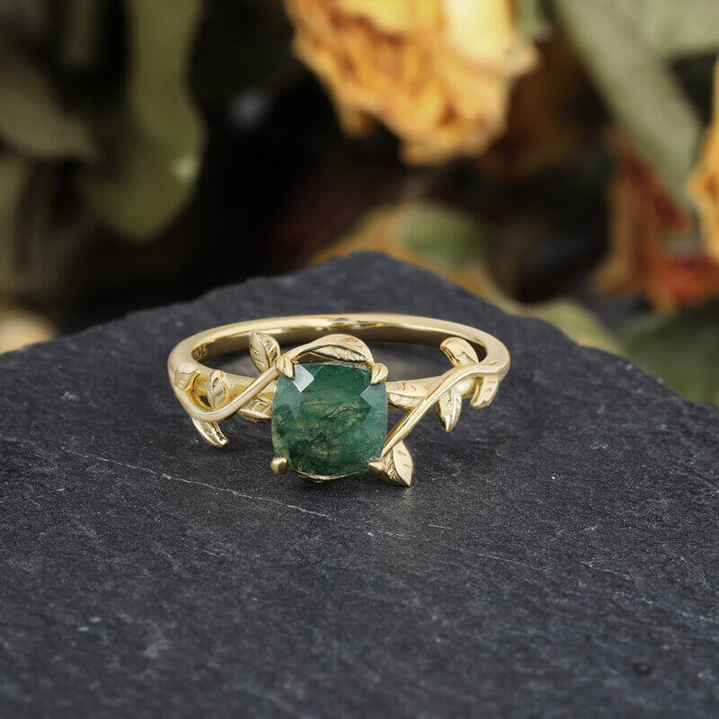 Moss Agate Engagement Ring Cushion Shaped Sterling Silver Leafs Ring