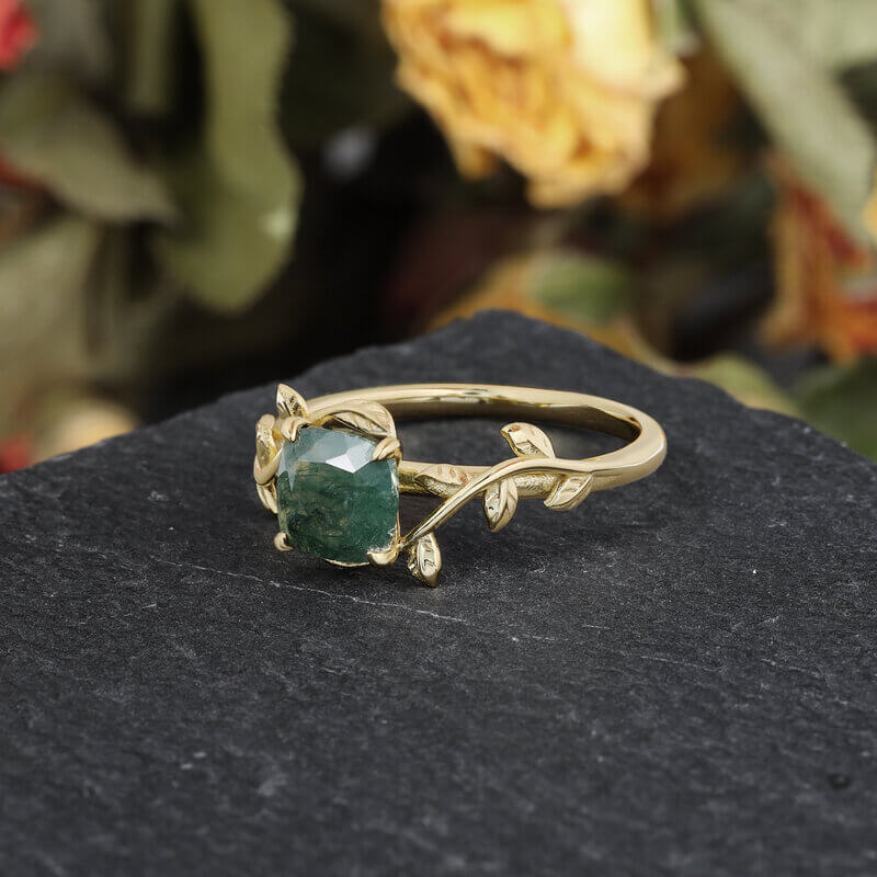 Moss Agate Engagement Ring Cushion Shaped Sterling Silver Leafs Ring