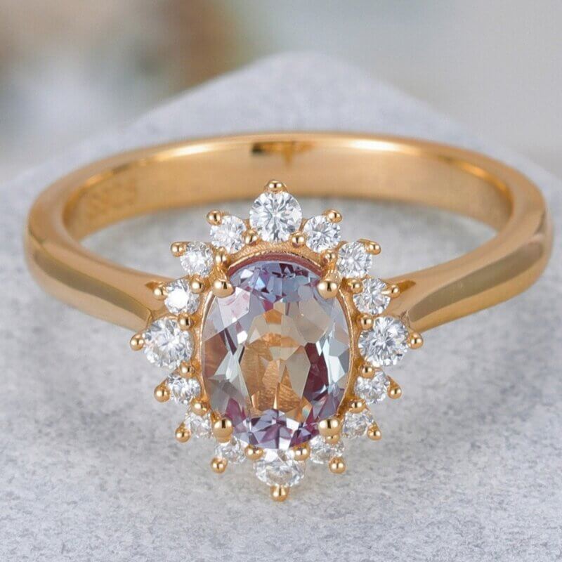 Natural Alexandrite June Birthstone Ring Oval Shaped Sterling Silver with Yellow Gold Plated