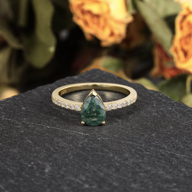 Pear Cut Green Moss Agate Ring with Moissanite Pave Band