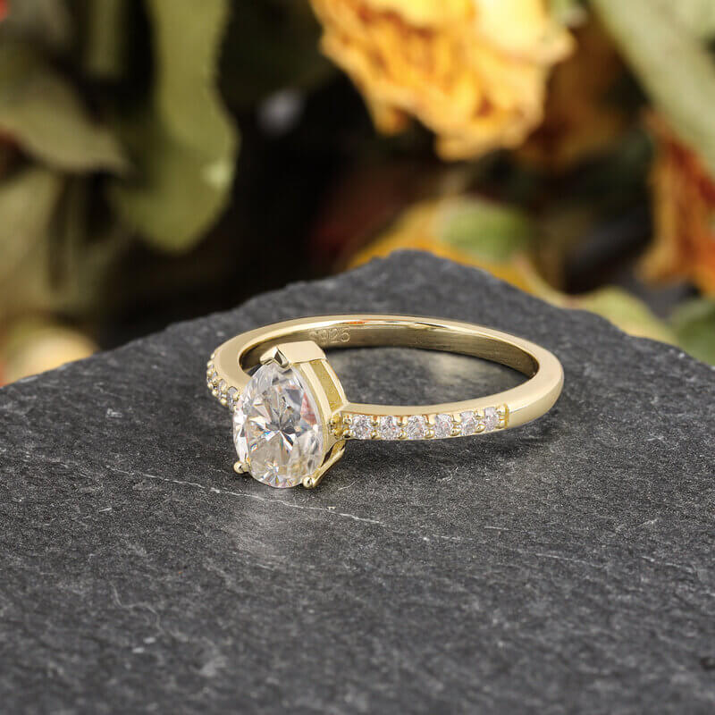 Pear Cut Moissanite Halo Engagement Ring Sterling Silver with Yellow Gold Plated