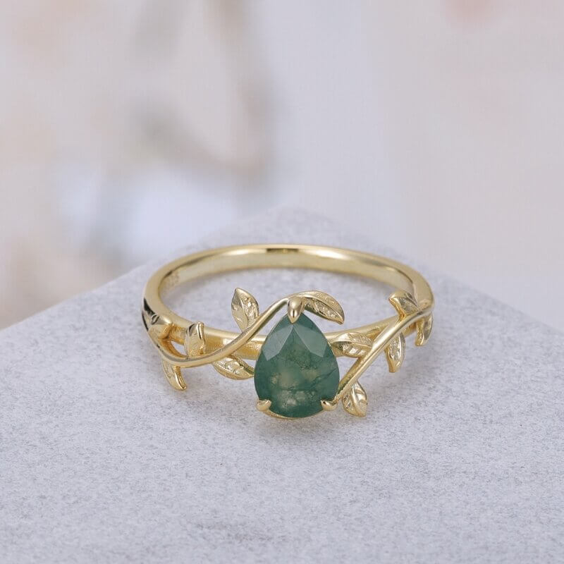 Pear Shaped Moss Agate Engagement Ring Vintage Leaf Moss Agate Wedding Ring