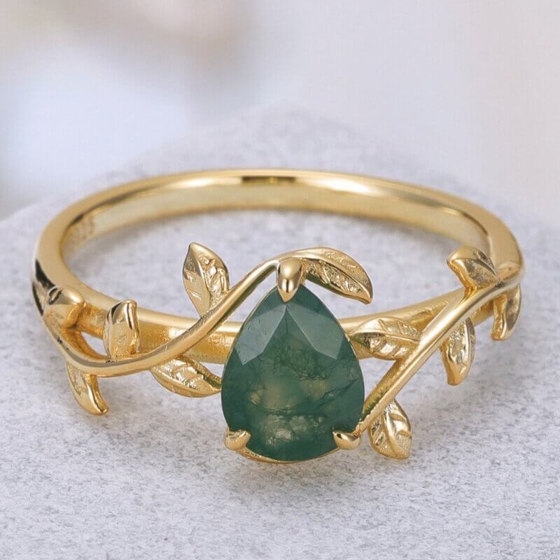 Pear Shaped Moss Agate Engagement Ring Vintage Leaf Moss Agate Wedding Ring