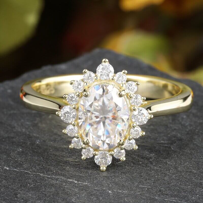 Sterling Silver Oval Cut Moissanite Halo Ring Yellow Gold Plated