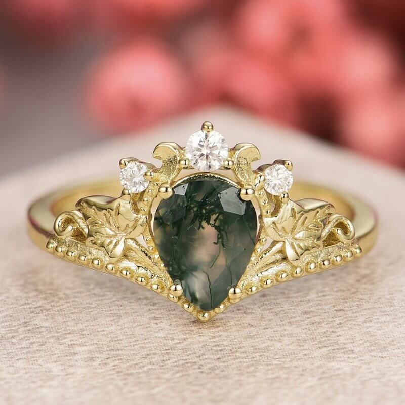 Vintage Natural Moss Agate Engagement Ring Pear Shaped Sterling Silver