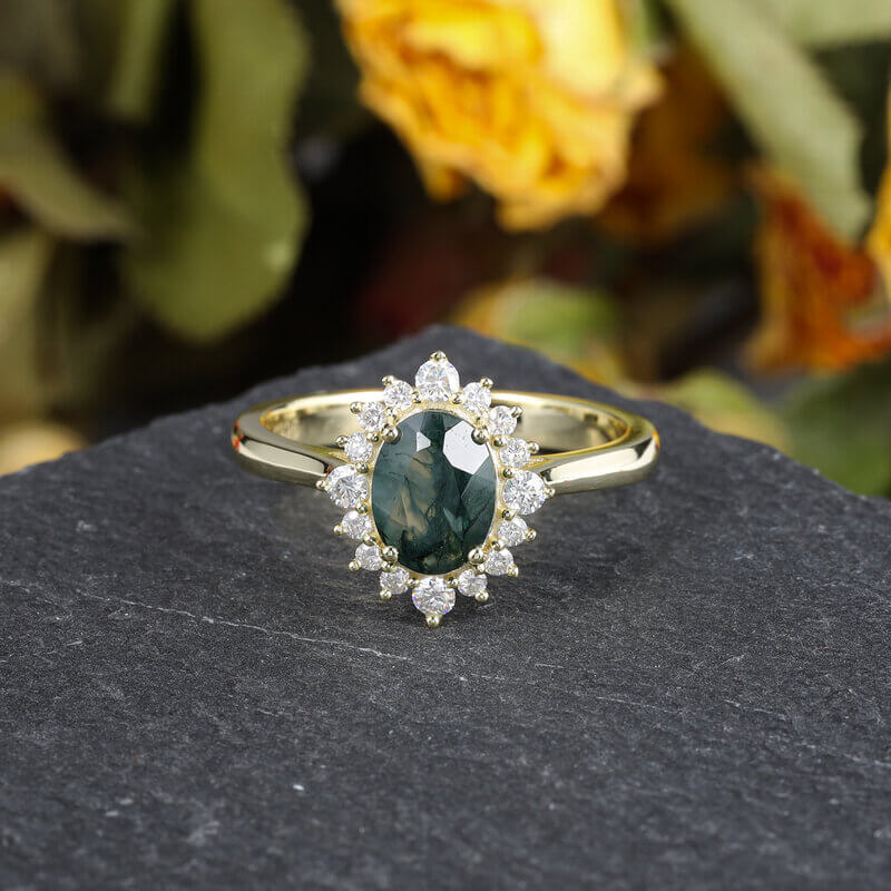 Vintage Oval Moss Agate Engagement Ring with Moissanite
