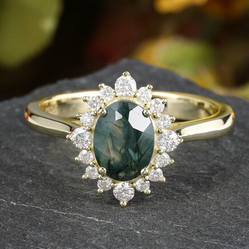 Vintage Oval Moss Agate Engagement Ring with Moissanite