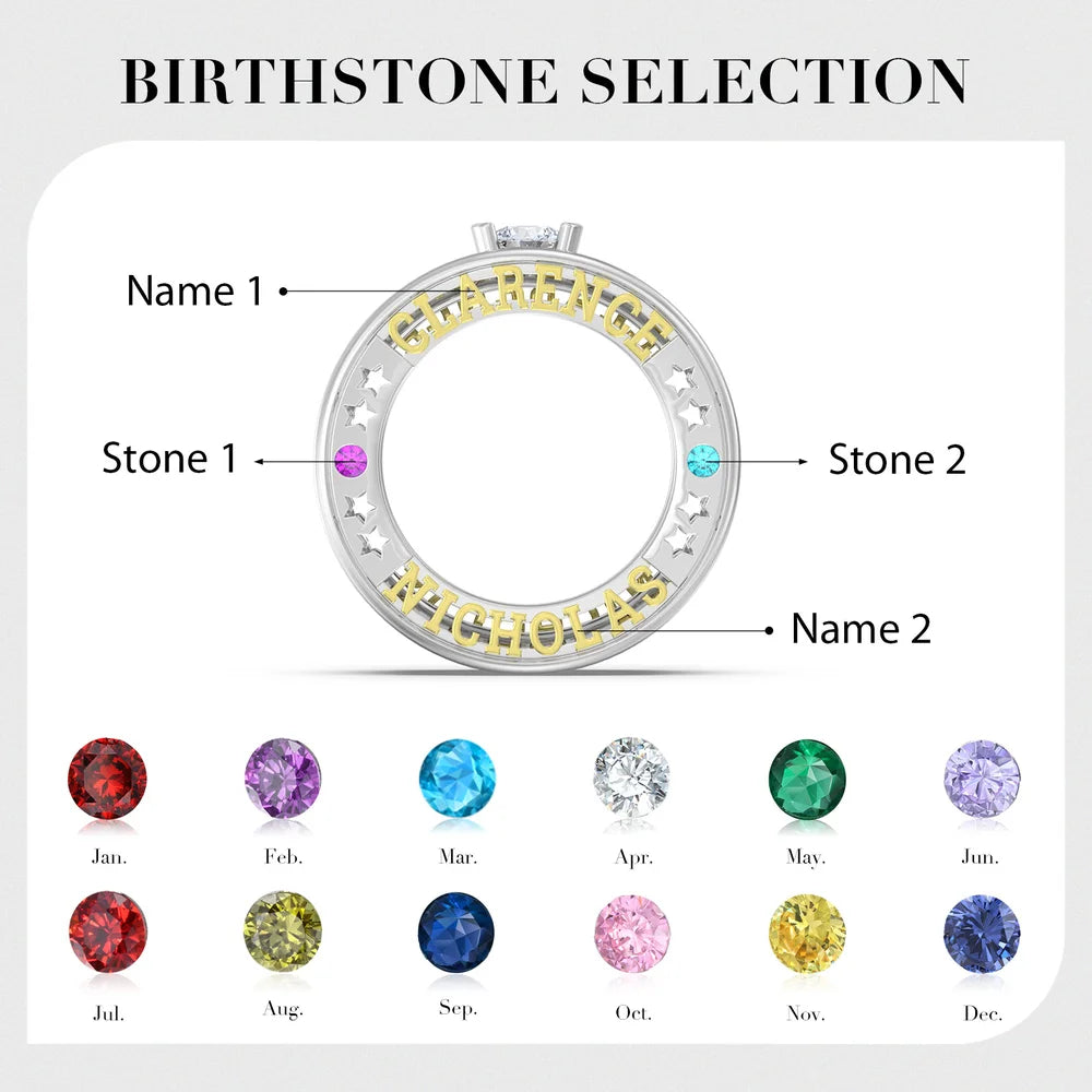 0.5 Carat Moissanite Ring With 2 Custom Names And Birthstones