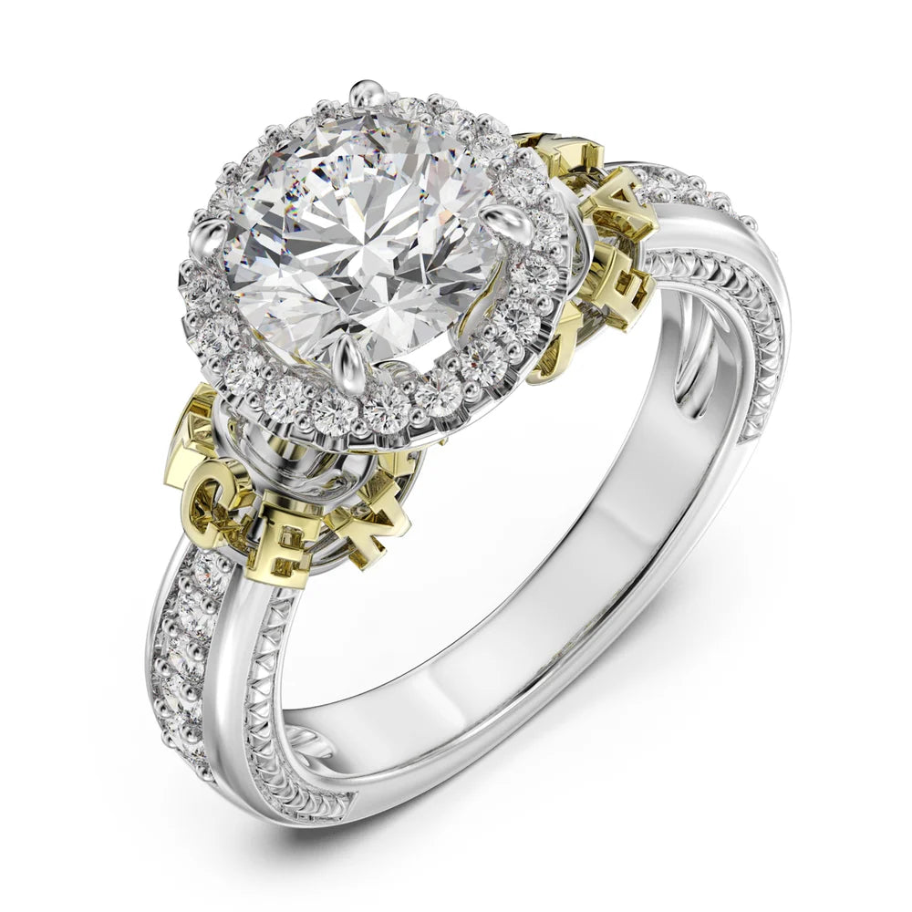1.5 Ct Round Moissanite Engagement Ring with 2 Custom Gold Names