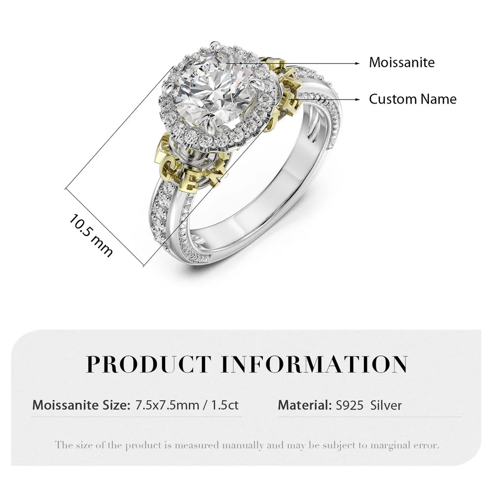 1.5 Ct Round Moissanite Engagement Ring with 2 Custom Gold Names