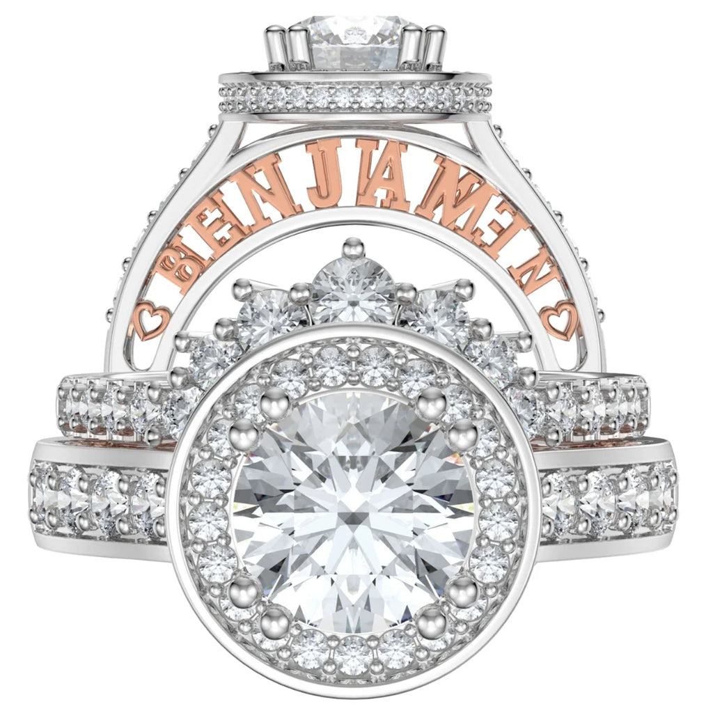 2 Carat Moissanite Engagement Ring Set With 2 Custom Rose Gold Names