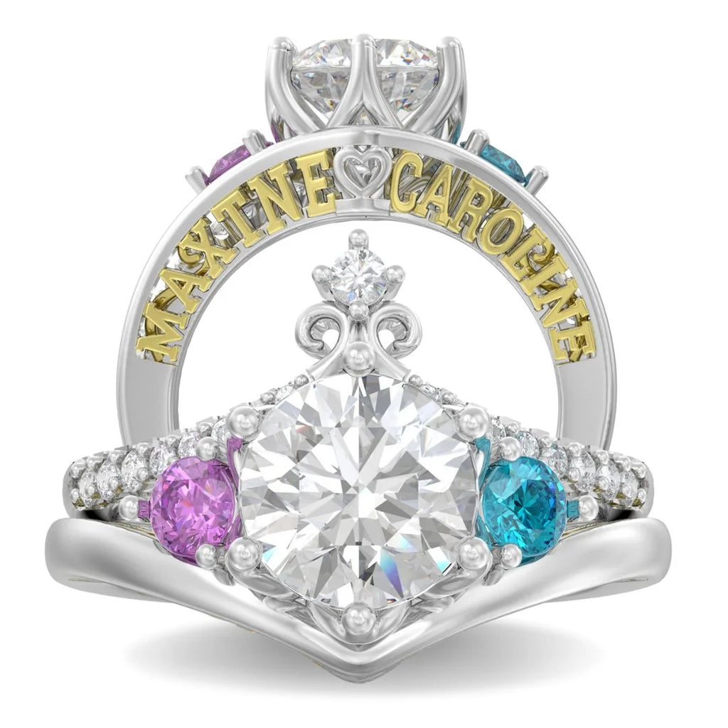 2 Carat Moissanite Engagement Ring With 2 Custom Names And Birthstones