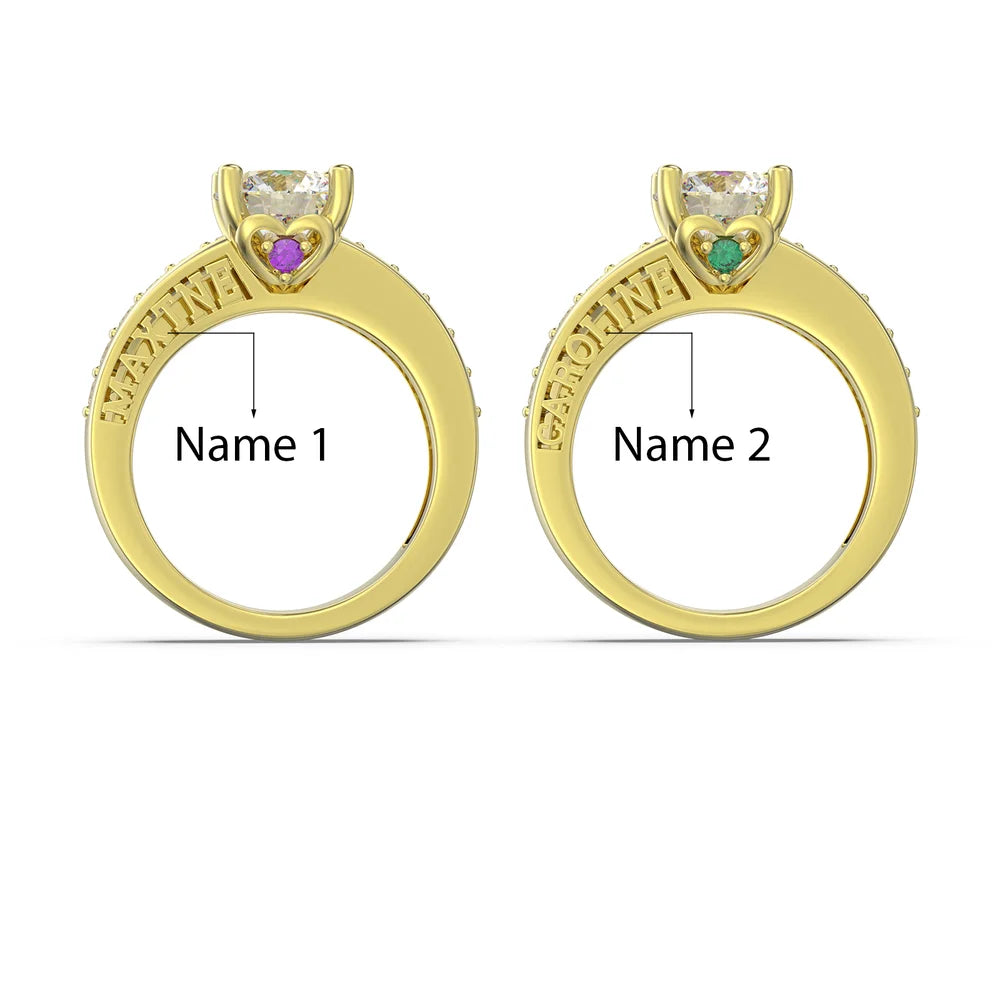 2 Carat Moissanite Ring Set With 2 Custom Names And Birthstones