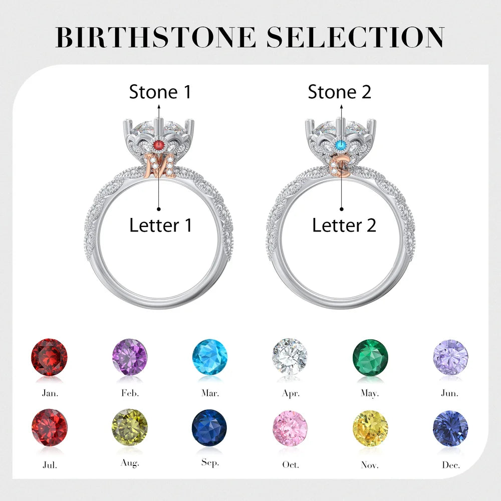 2 Carat Moissanite Ring With 2 Custom Initials And Birthstones