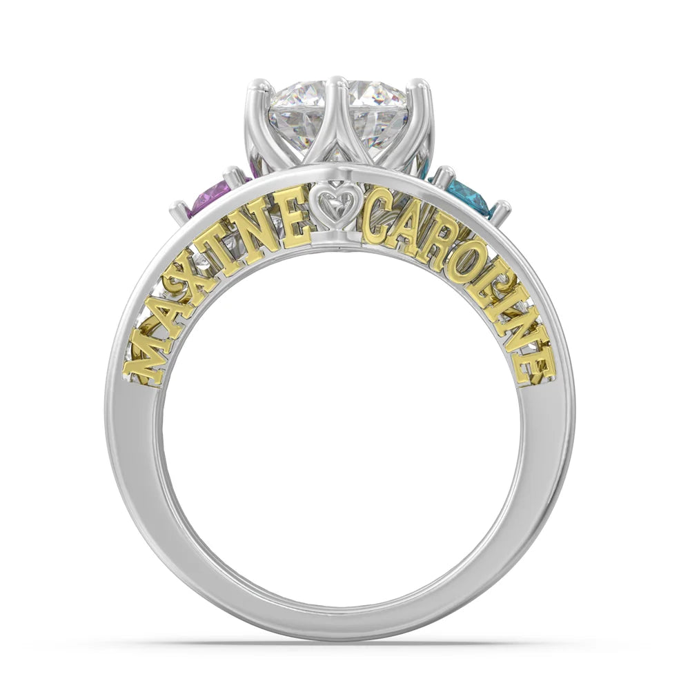 2 Carat Moissanite Ring With 2 Custom Names And Birthstones
