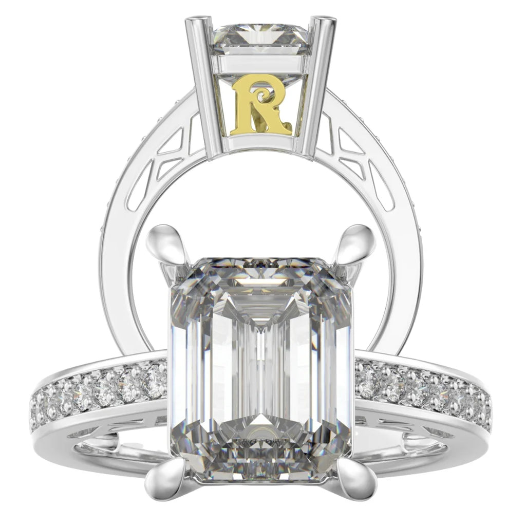 Emerald Cut 4 Carat Moissanite Engagement Ring with 2 Custom Gold Initials