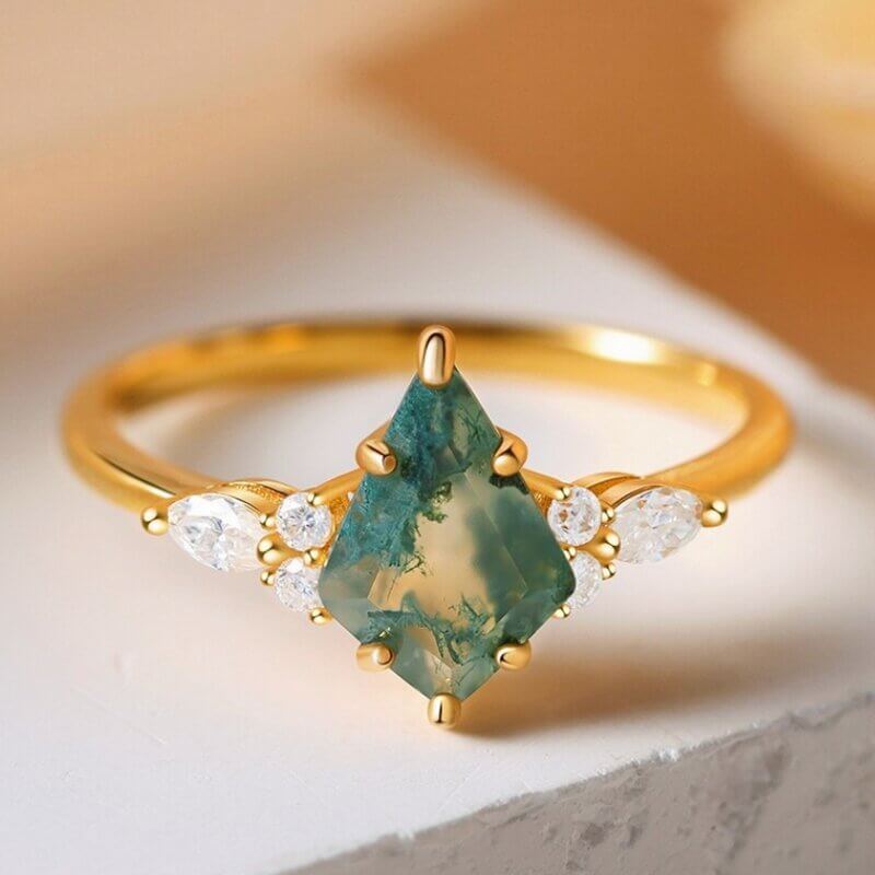 Kite Cut Natural Moss Agate Engagement Ring with Marquise Cut Moissanite
