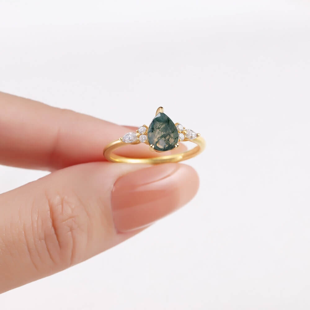 Pear Cut Natural Moss Agate Ring with Moissanite