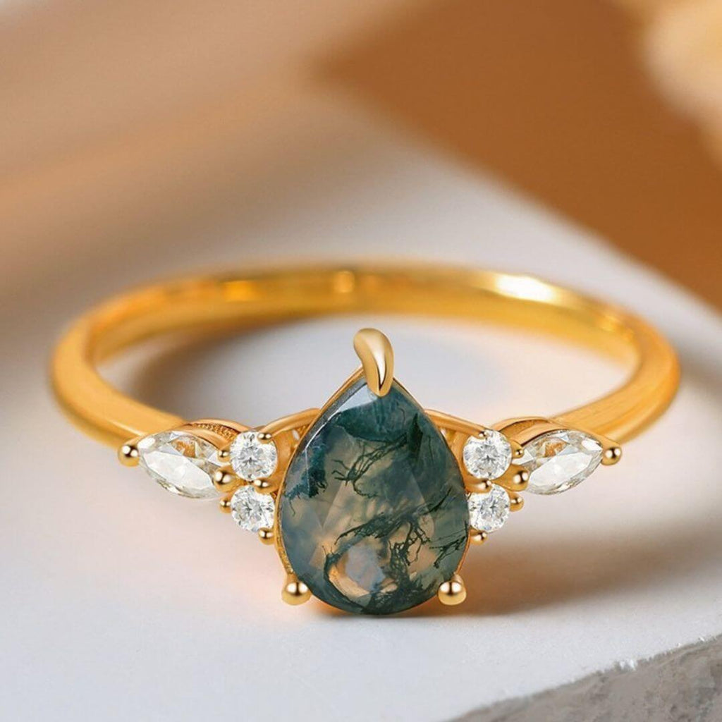 Pear Cut Natural Moss Agate Ring with Moissanite