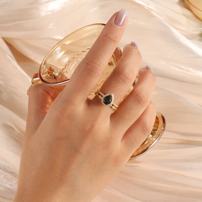 Vintage Black Rutilated Quartz Engagement Ring Set