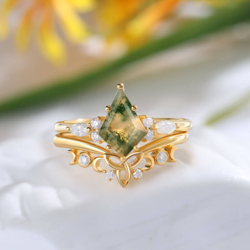 Vintage Natural Moss Agate Ring Set with Moissanite