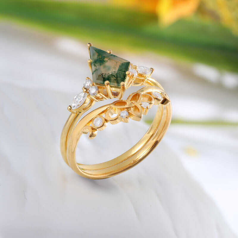 Vintage Natural Moss Agate Ring Set with Moissanite