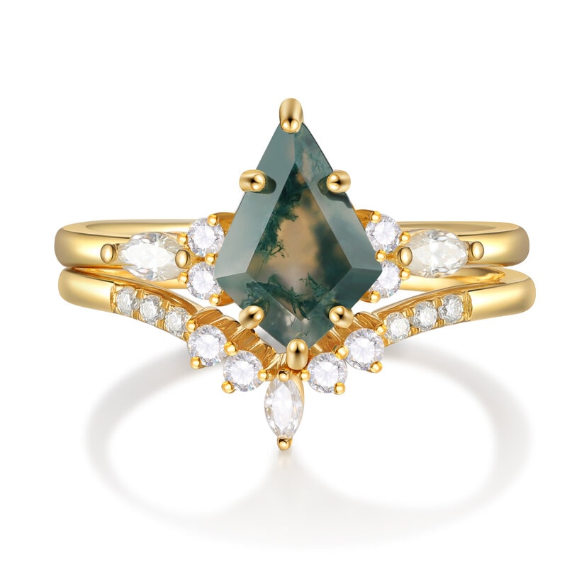 Vintage Natural Moss Agate Engagement Ring Set Yellow Gold