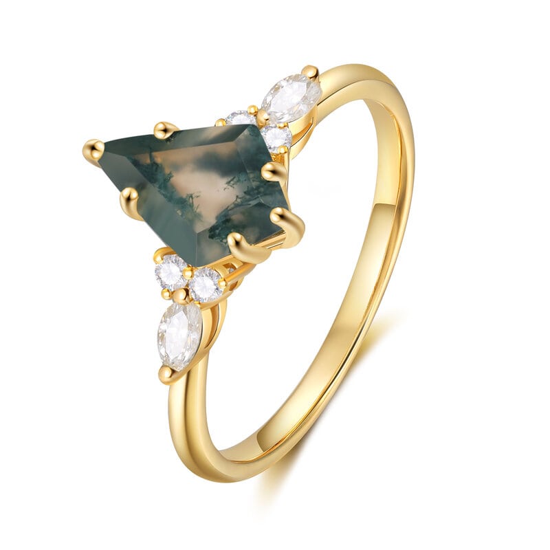 Vintage Natural Moss Agate Engagement Ring Set Yellow Gold