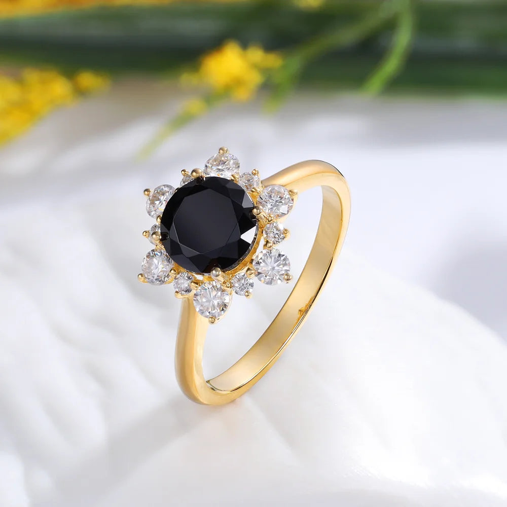 Black Onyx Ring Yellow Gold with Moissanite - 7x7mm Black Onyx Stone Ring