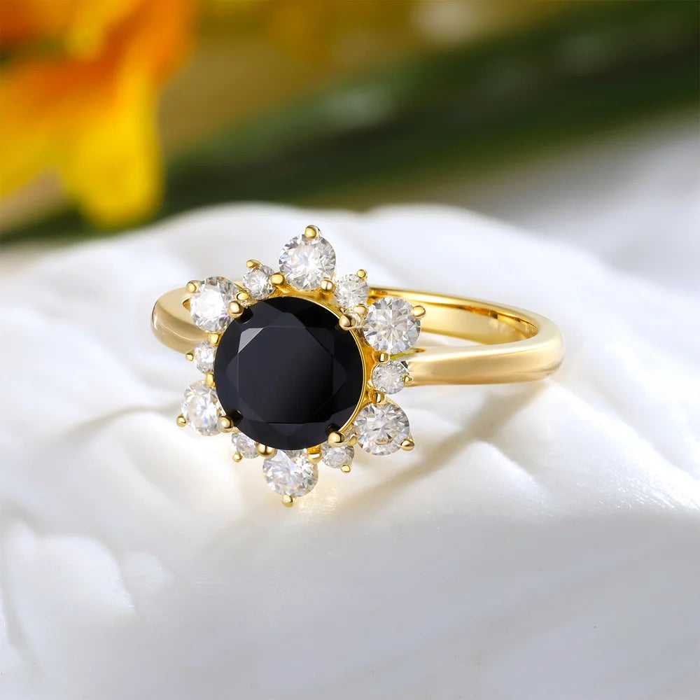 Black Onyx Ring Yellow Gold with Moissanite - 7x7mm Black Onyx Stone Ring