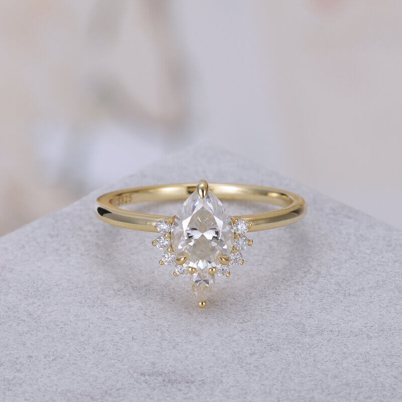 Pear Shaped Moissanite Engagement Ring - Sterling Silver with Yellow Gold Plated