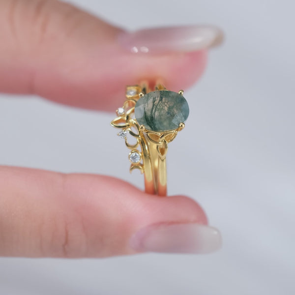Natural Oval Moss Agate Engagement Ring Set