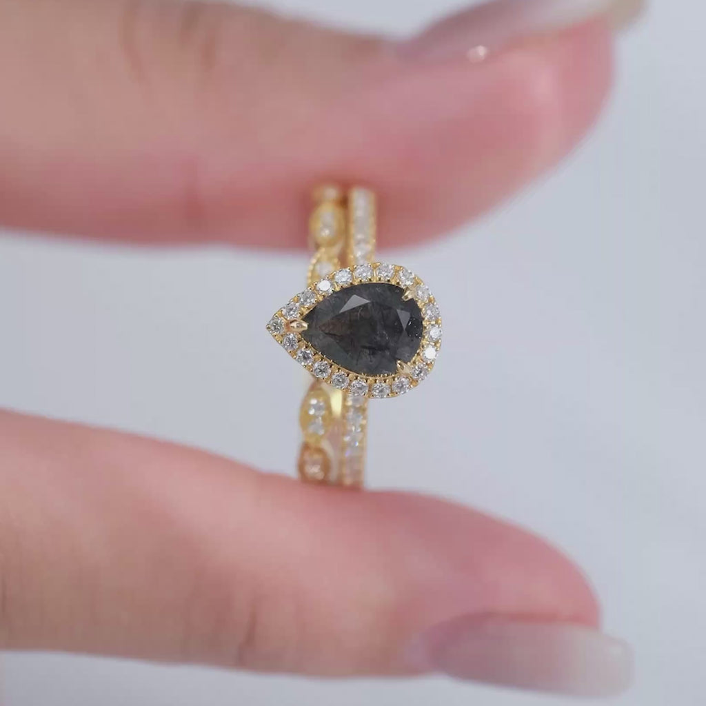 Vintage Black Rutilated Quartz Engagement Ring Set