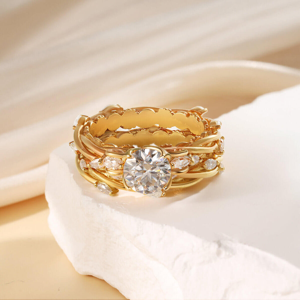 Gold Moissanite Engagement Ring Set - Round Cut Moissanite
