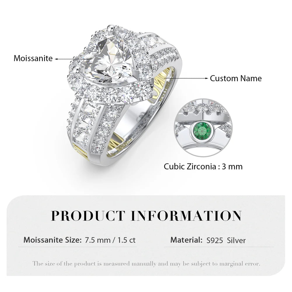 Heart Cut 1.5 Carat Moissanite Ring With 2 Custom Names And Birthstones