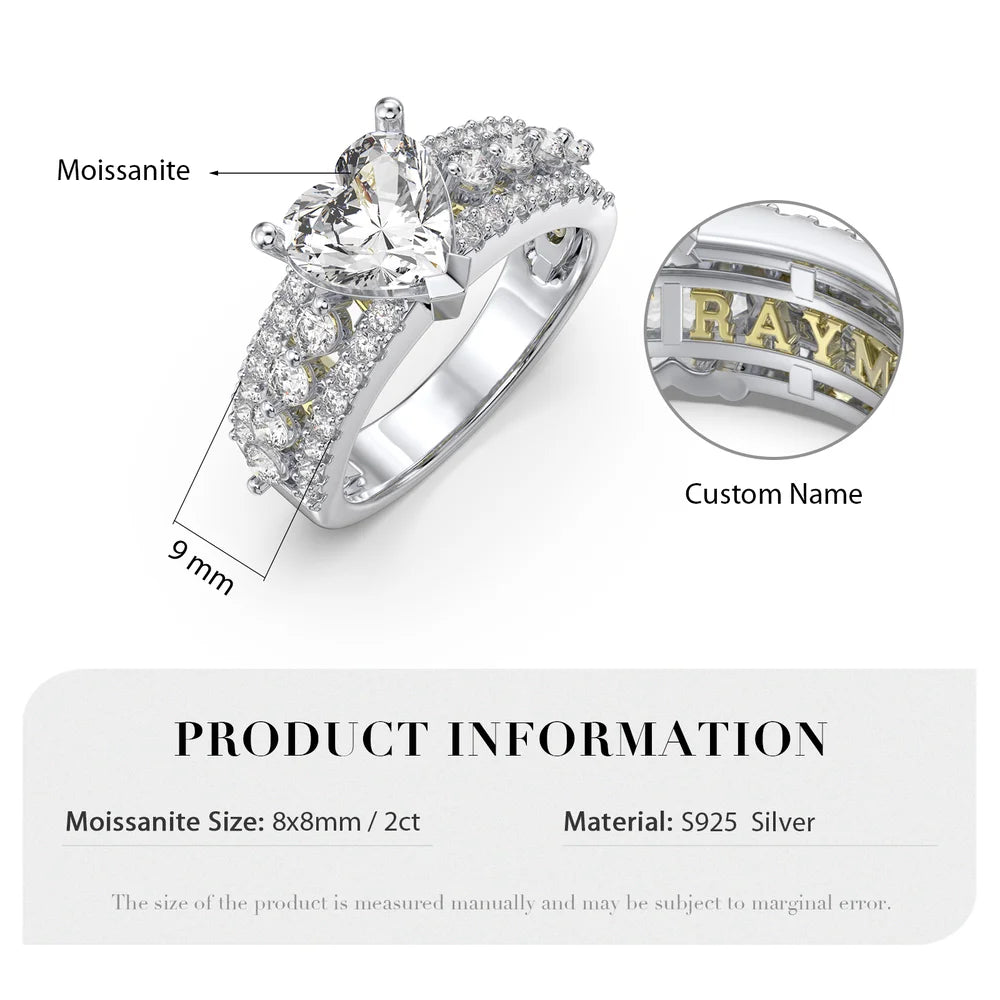 Heart Cut 2 Carat Moissanite Ring With 2 Custom Names