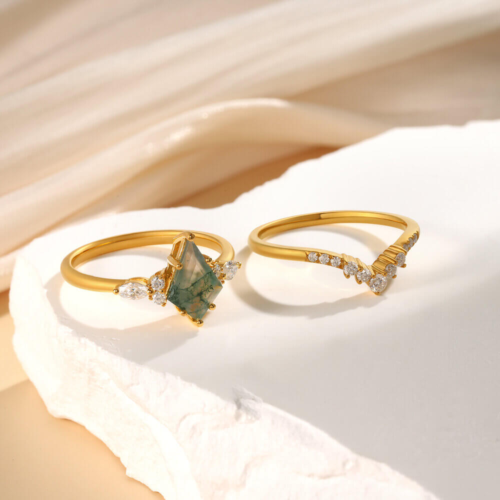 Kite Cut Natural Moss Agate Engagement Ring Set with Moissanite