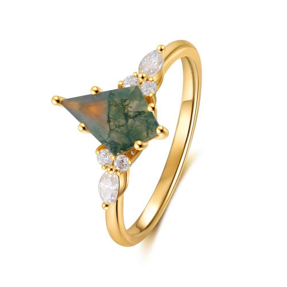 Kite Cut Natural Moss Agate Engagement Ring Set with Moissanite