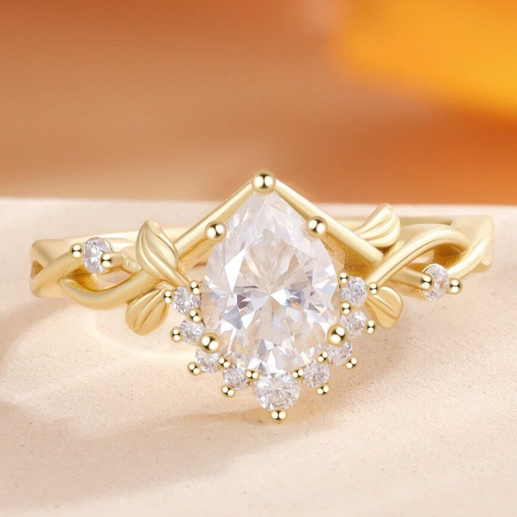 Leaf Pear Moissanite Engagement Ring Yellow Gold for Women