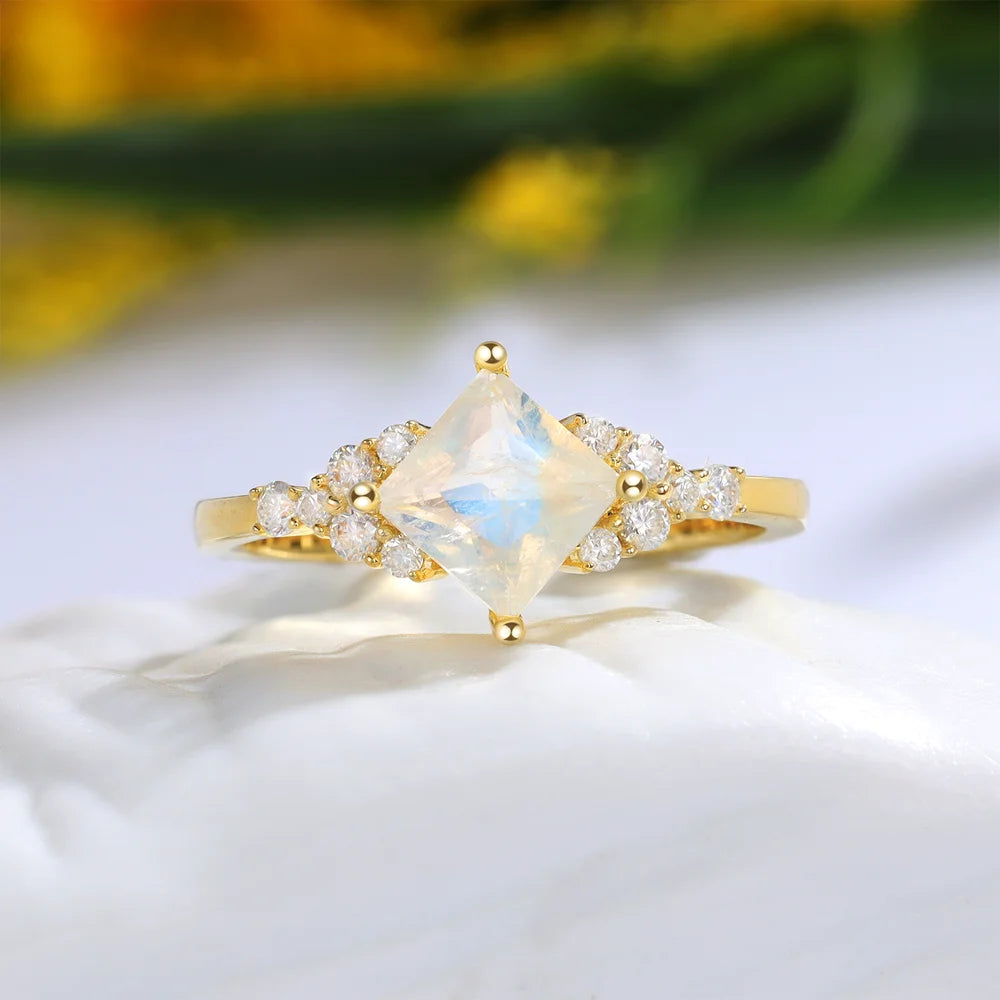 Moonstone Engagement Ring with Moissanite 18K Yellow Gold