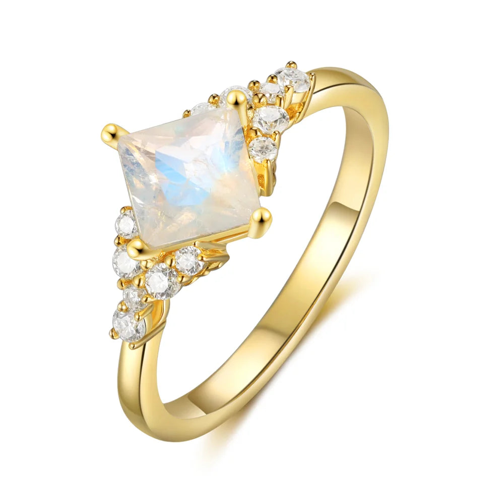 Moonstone Engagement Ring with Moissanite 18K Yellow Gold
