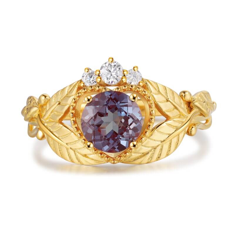 Natural Alexandrite Ring Round Cut with Moissanite Yellow Gold