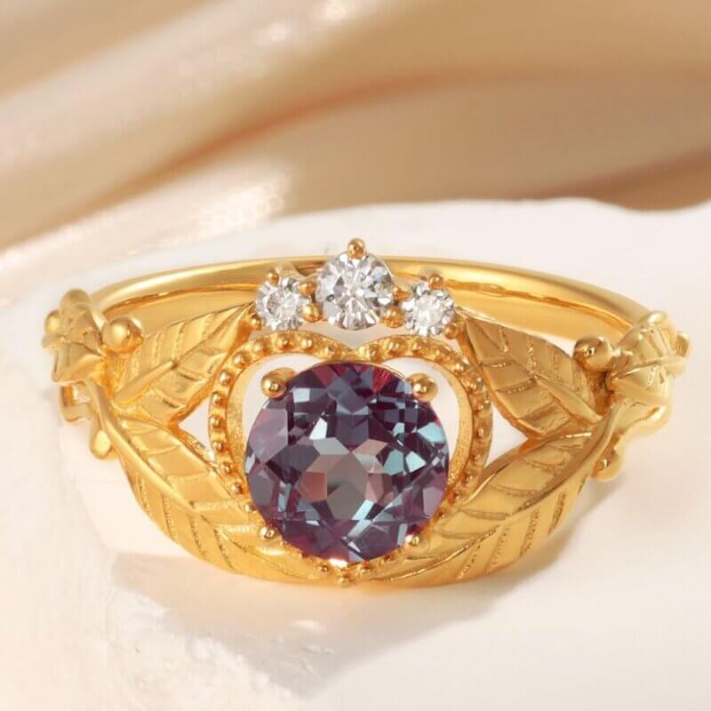 Natural Alexandrite Ring Round Cut with Moissanite Yellow Gold