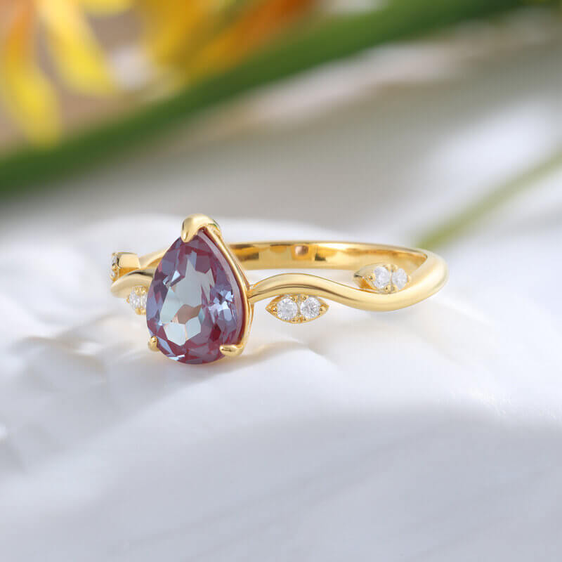 Natural Alexandrite Ring with Moissanite - Pear Cut Alexandrite