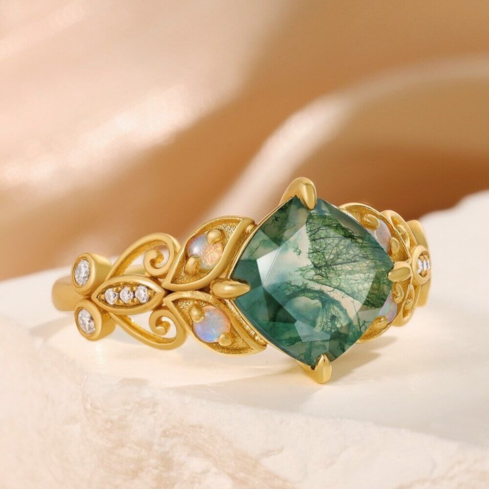 Natural Green Moss Agate Ring with Moissanite and Opal Stone